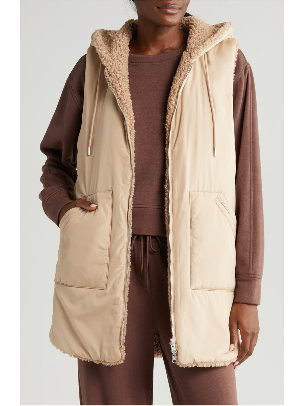 NWT Zella Reversible Faux Shearling Hooded Vest Cozy Insulated Vest Jacket